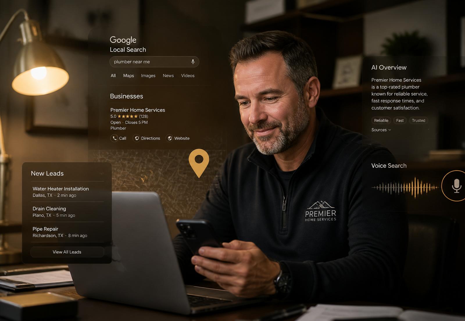 Home service business owner reviewing incoming leads from Local Service Ads on laptop and phone